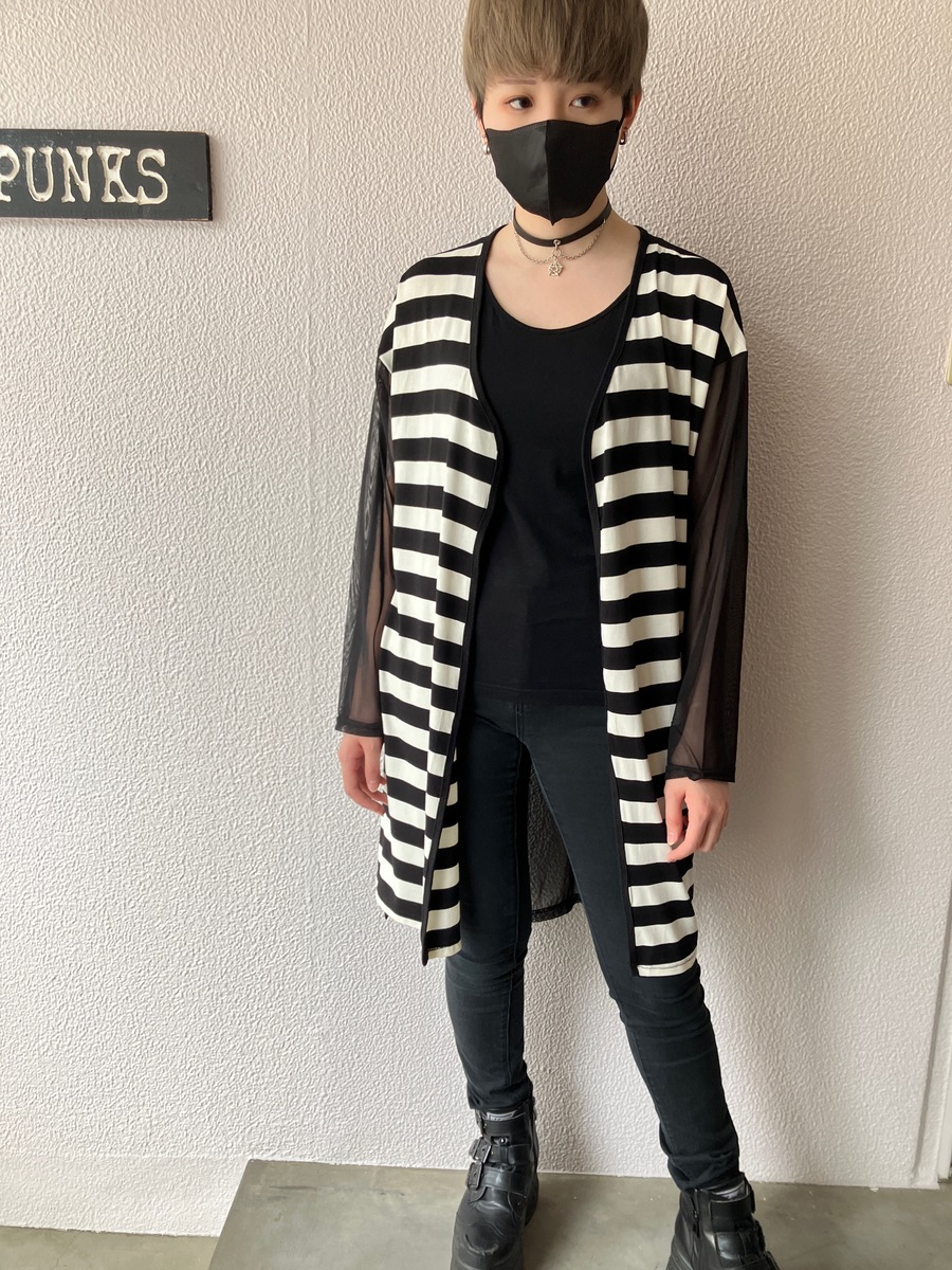 ボーダーメッシュロングカーデ